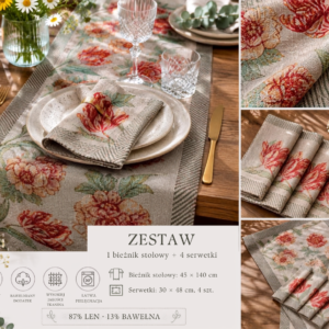 Lniany bieżnik stołowy i 4 serwetki zestaw Tulipany